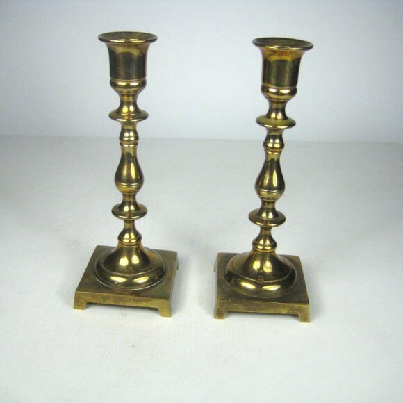 Vintage Brass Candlestick Holders Set of 2 Made in India Square Footed Base - Picture 3 of 10